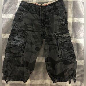 Gray and black camo cargo shorts
